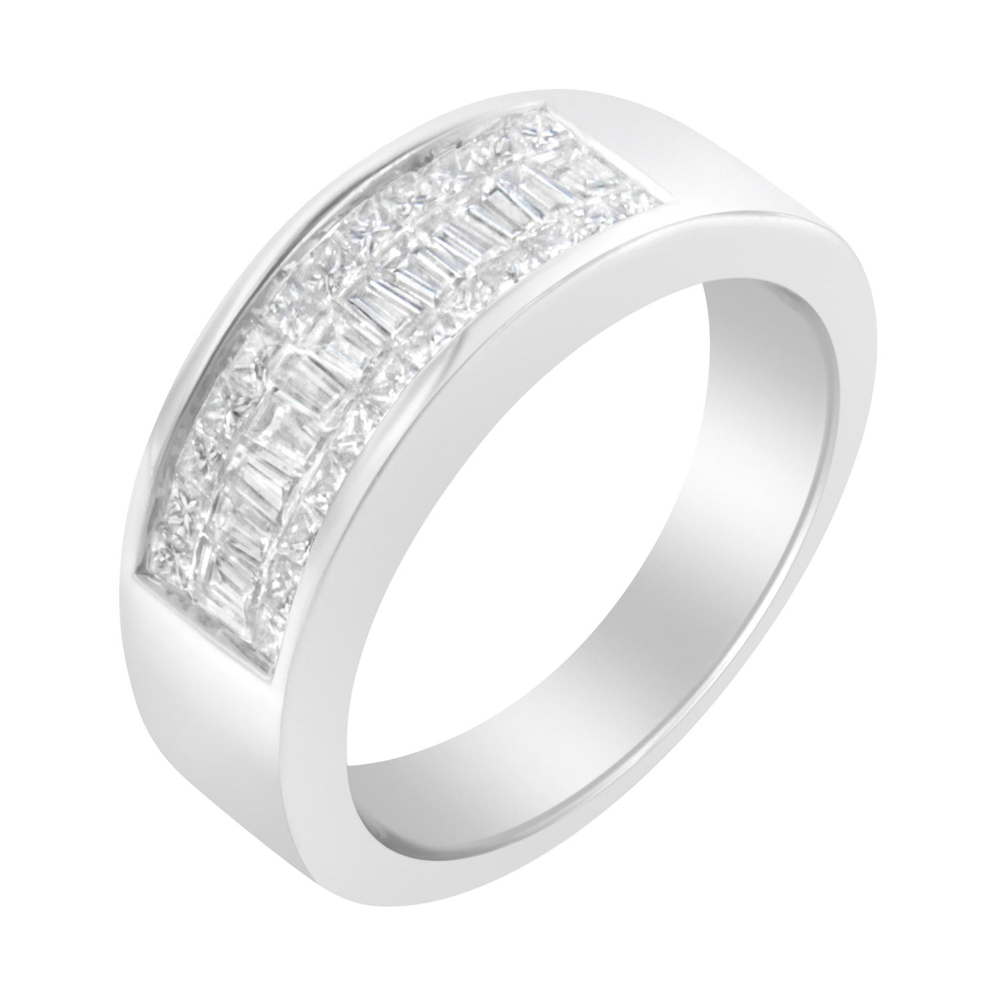 White metal ring with channel-set rows of white baguette and princess-shaped gemstones, shown at an angled top-down view.