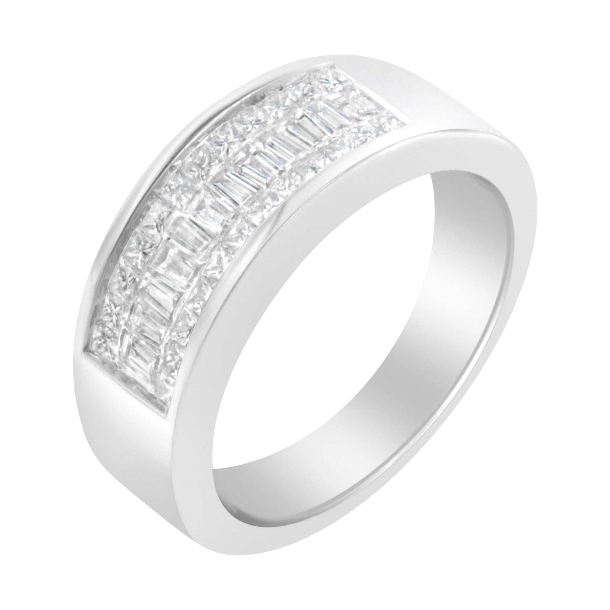 White metal ring with channel-set rows of white baguette and princess-shaped gemstones, shown at an angled top-down view.