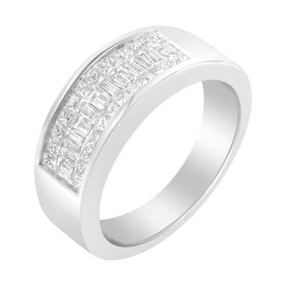 White metal ring with channel-set rows of white baguette and princess-shaped gemstones, shown at an angled top-down view.