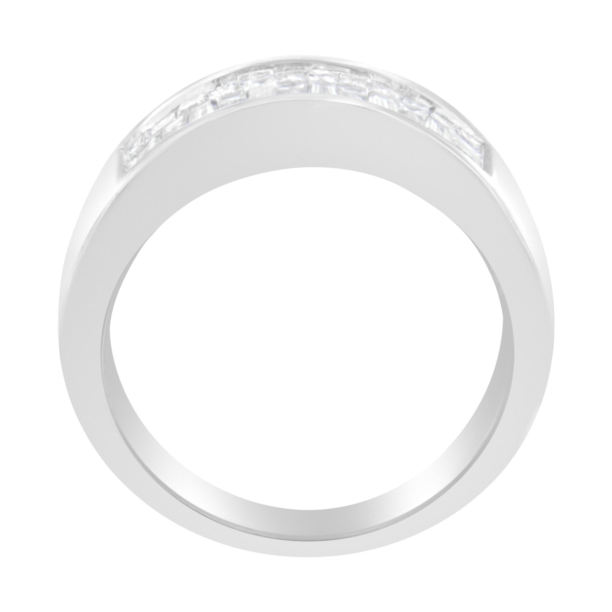 Top-down view of a white metal ring featuring channel-set white baguette and princess shape gemstones across the upper band.