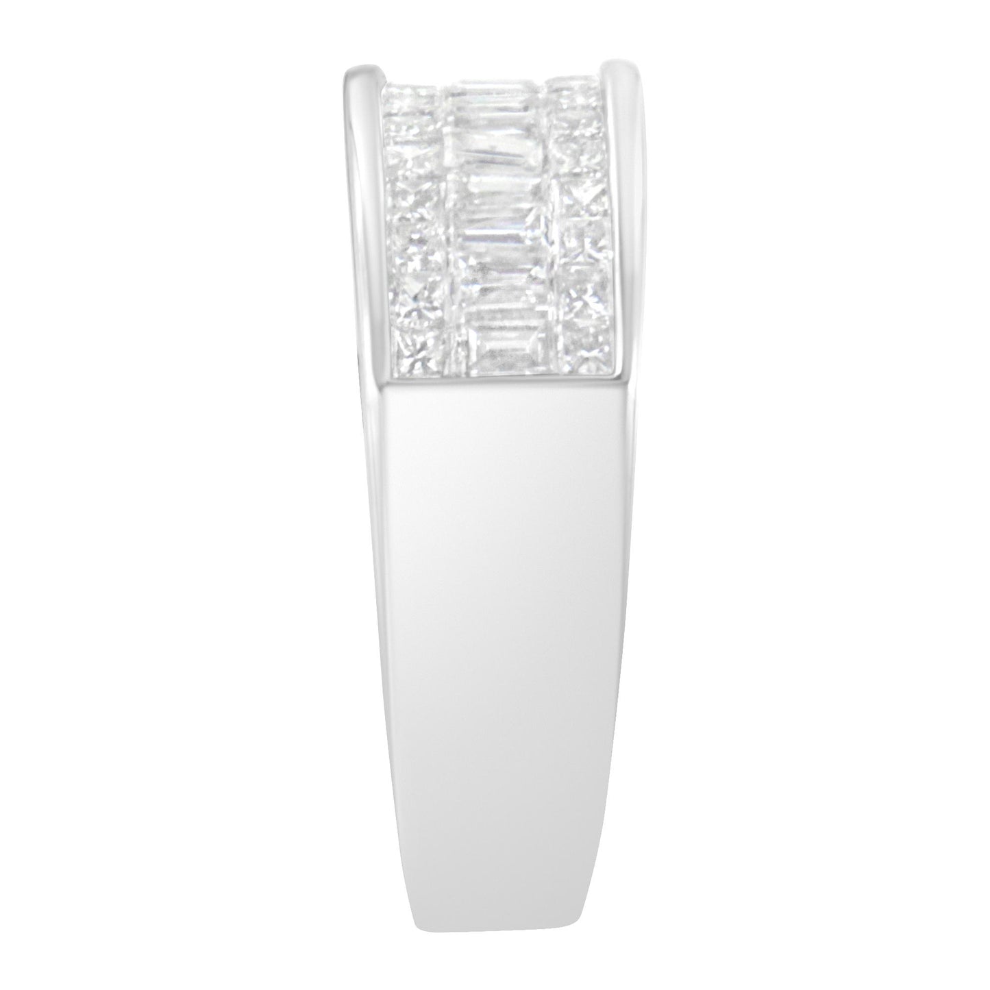 Front view of a white metal ring featuring two rows of channel-set white princess-shaped gemstones flanking a central row of channel-set white baguette-shaped gemstones.