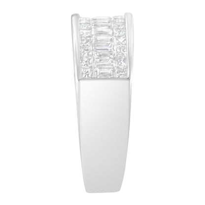 Front view of a white metal ring featuring two rows of channel-set white princess-shaped gemstones flanking a central row of channel-set white baguette-shaped gemstones.