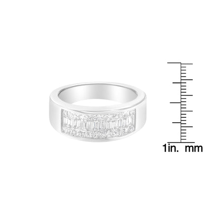 White metal ring with channel-set rectangular and square white gemstones, shown from a front angle, next to a ruler for size reference.