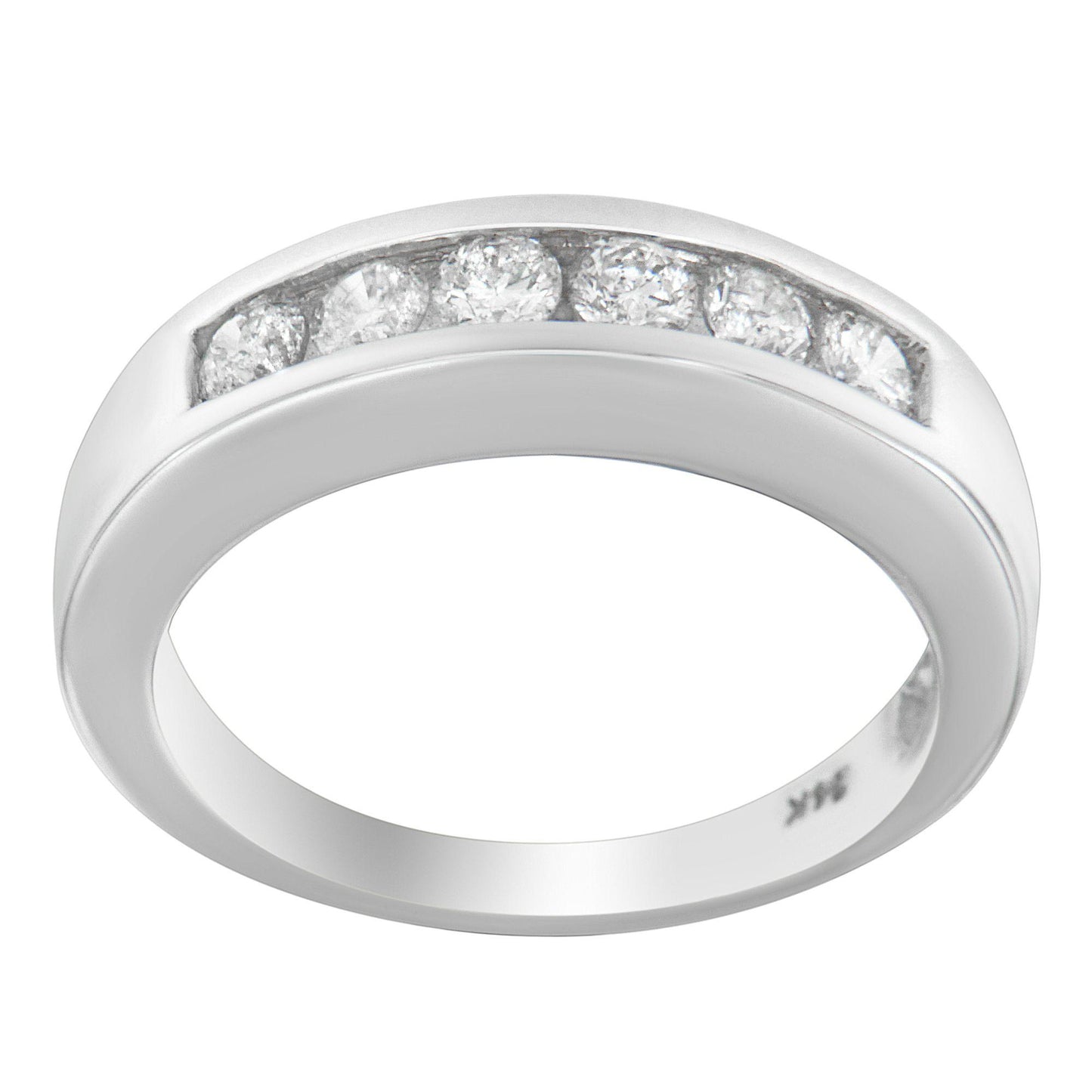 White metal ring with channel-set round white gemstones, shown from an angled front view.