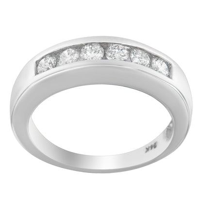 White metal ring with channel-set round white gemstones, shown from an angled front view.