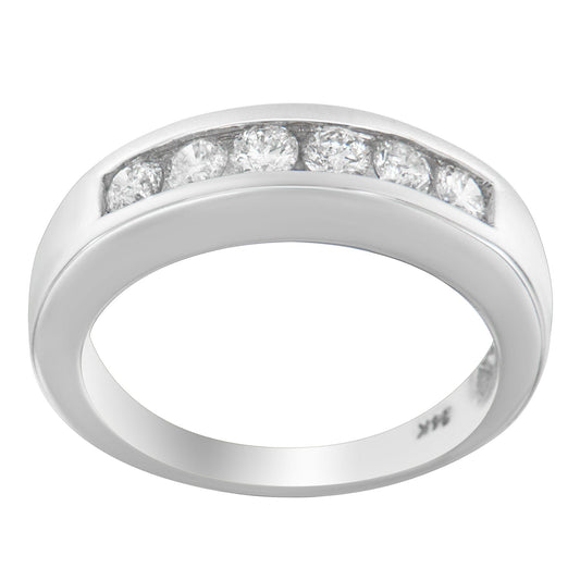 White metal ring with channel-set round white gemstones, shown from an angled front view.