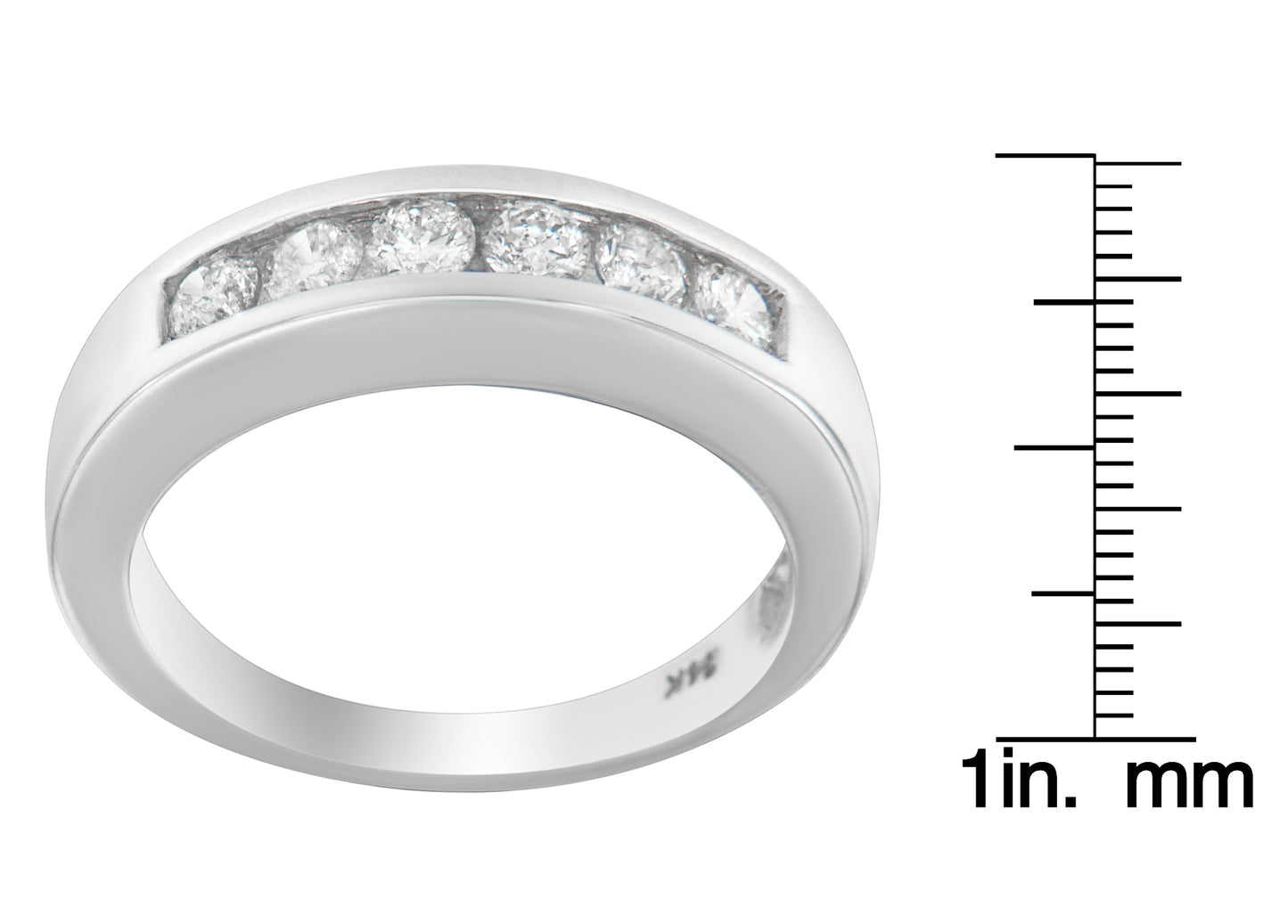 White metal ring with a curved top featuring round white gemstones in a channel setting, shown at a slight angle with a ruler for size reference.
