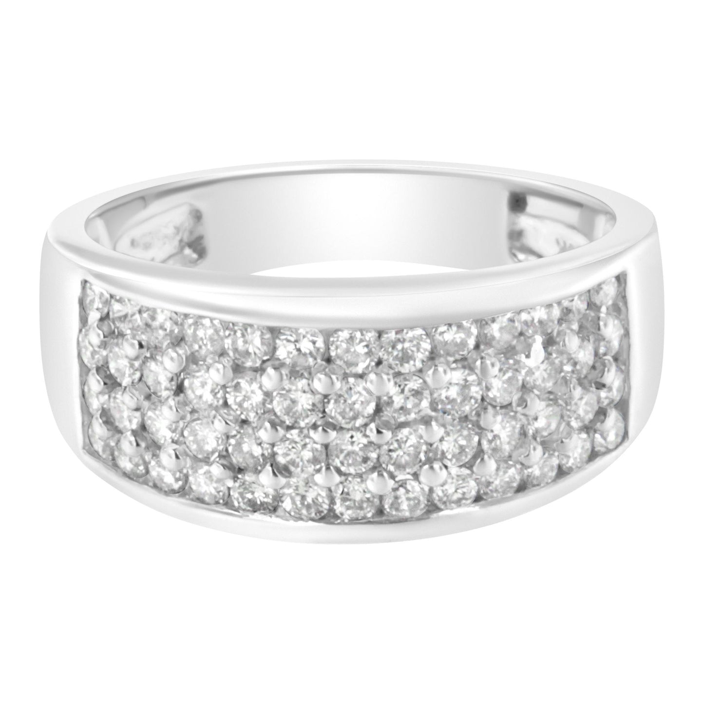 White metal ring with a wide band featuring a pave setting of round white gemstones, shown from a front angle.