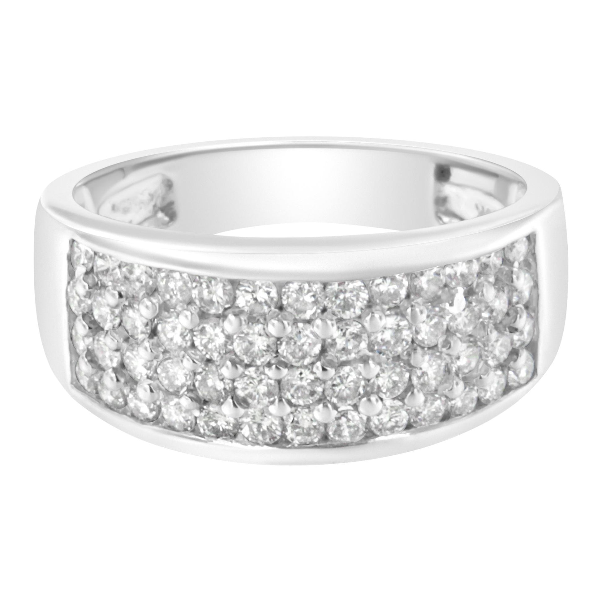 White metal ring with a wide band featuring a pave setting of round white gemstones, shown from a front angle.