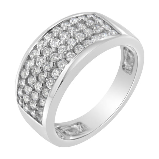 White metal ring with a wide band featuring multiple round white gemstones in a pave setting, shown at a slight angle.