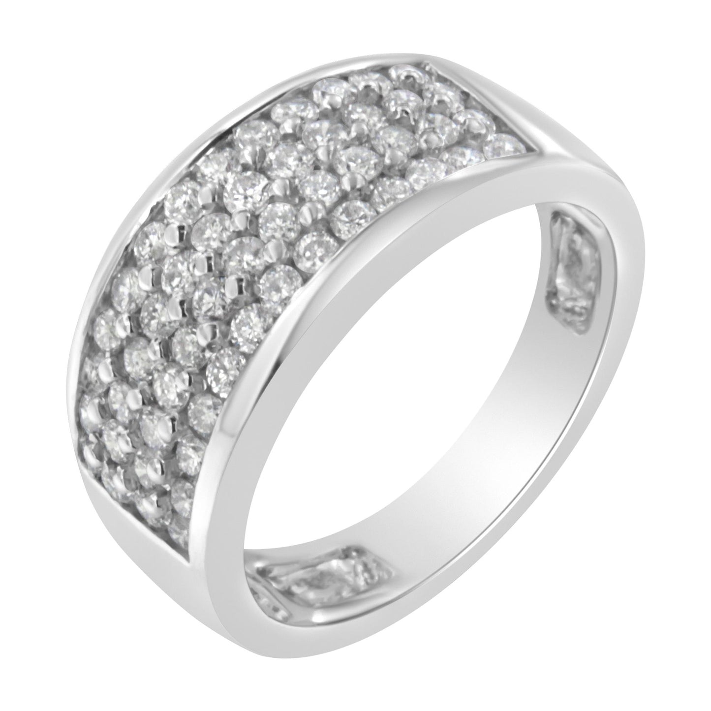 White metal ring with a wide band featuring multiple round white gemstones in a pave setting, shown at a slight angle.