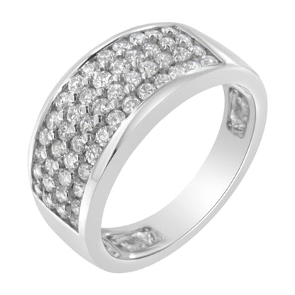 White metal ring with a wide band featuring multiple round white gemstones in a pave setting, shown at a slight angle.