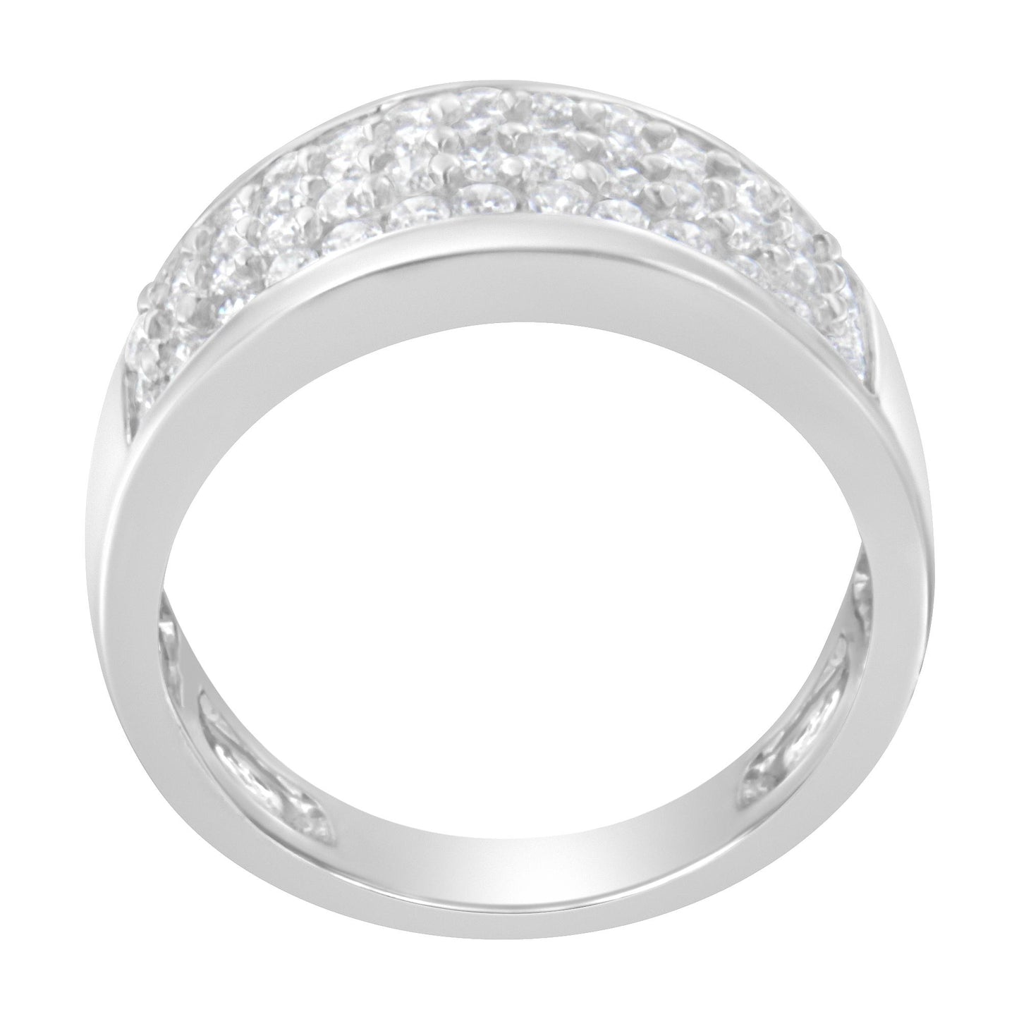 White metal ring with a curved band featuring round white gemstones in pave setting, shown from a front angle.