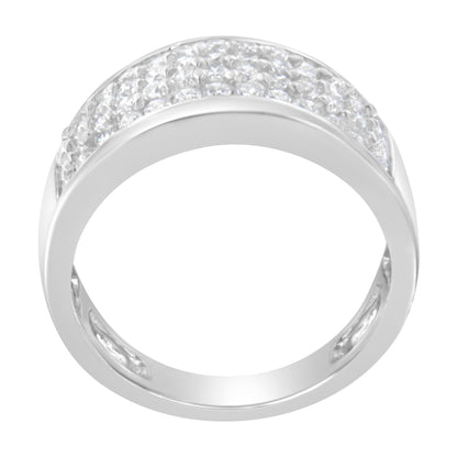 White metal ring with a curved band featuring round white gemstones in pave setting, shown from a front angle.
