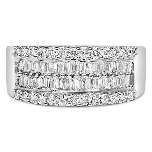 Front-facing view of a white ring featuring rows of round prong-set white gemstones and two rows of channel-set baguette white gemstones in the center.