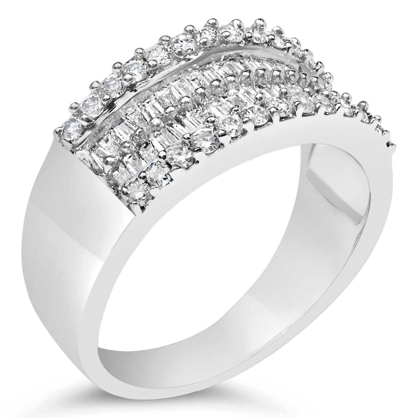 Close-up front angled view of a white metal ring with rows of round white gemstones in prong settings and baguette white gemstones in channel settings across the top.