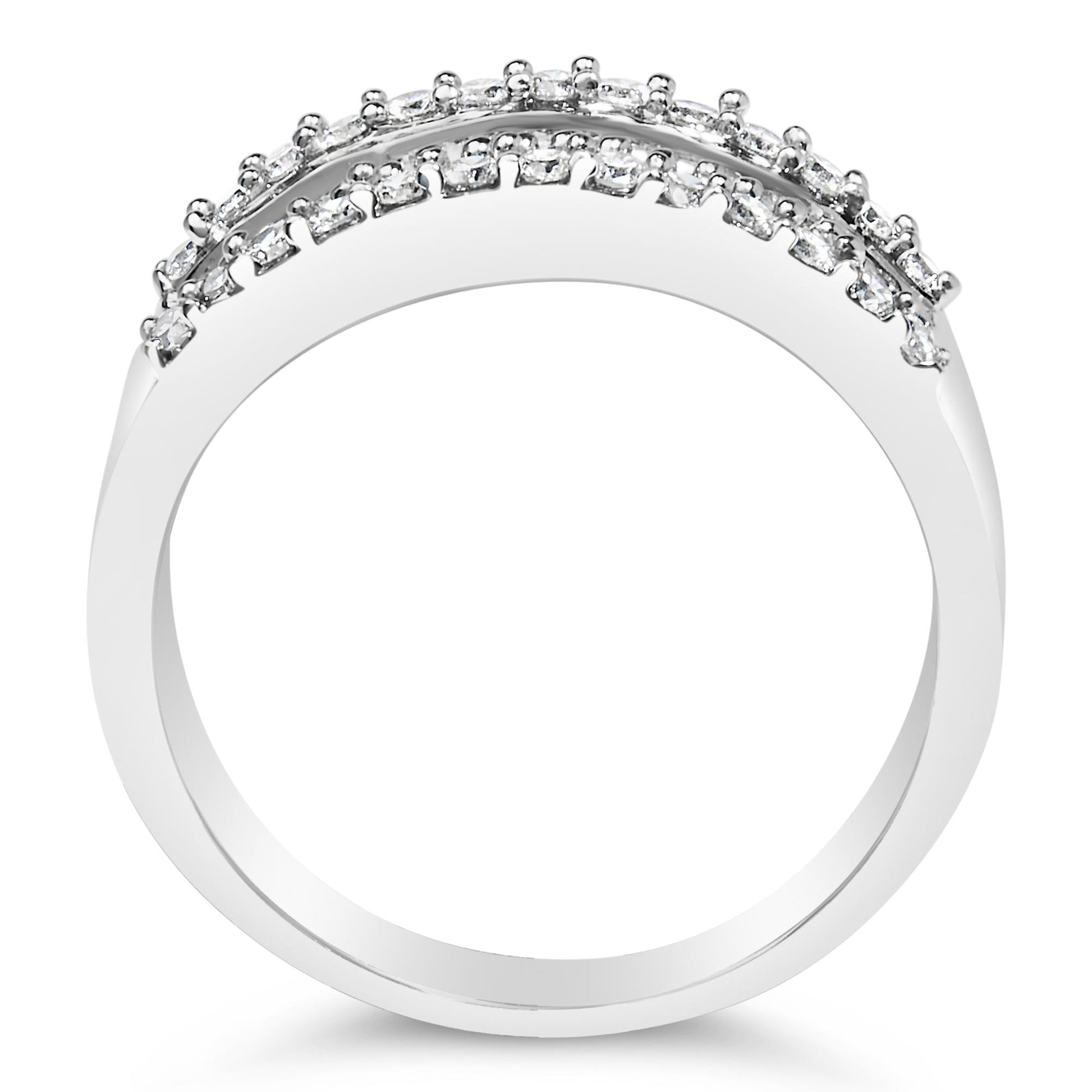 Close-up front view of a white metal ring featuring two rows of white gemstones; the top row has round gemstones in prong settings and the bottom row has baguette gemstones in channel settings. The ring is shown on a white background.