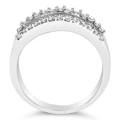 Close-up front view of a white metal ring featuring two rows of white gemstones; the top row has round gemstones in prong settings and the bottom row has baguette gemstones in channel settings. The ring is shown on a white background.