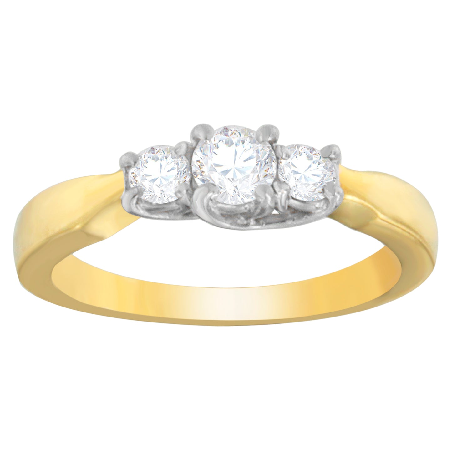 Front angle of a two-toned ring featuring three round white gemstones in prong settings.