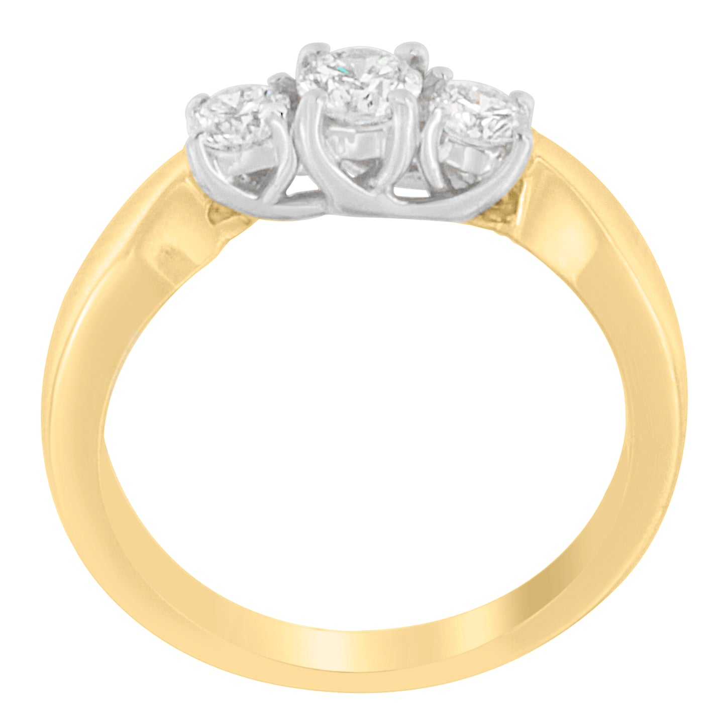 Close-up front angle of a two-toned ring featuring three round white gemstones in prong settings.