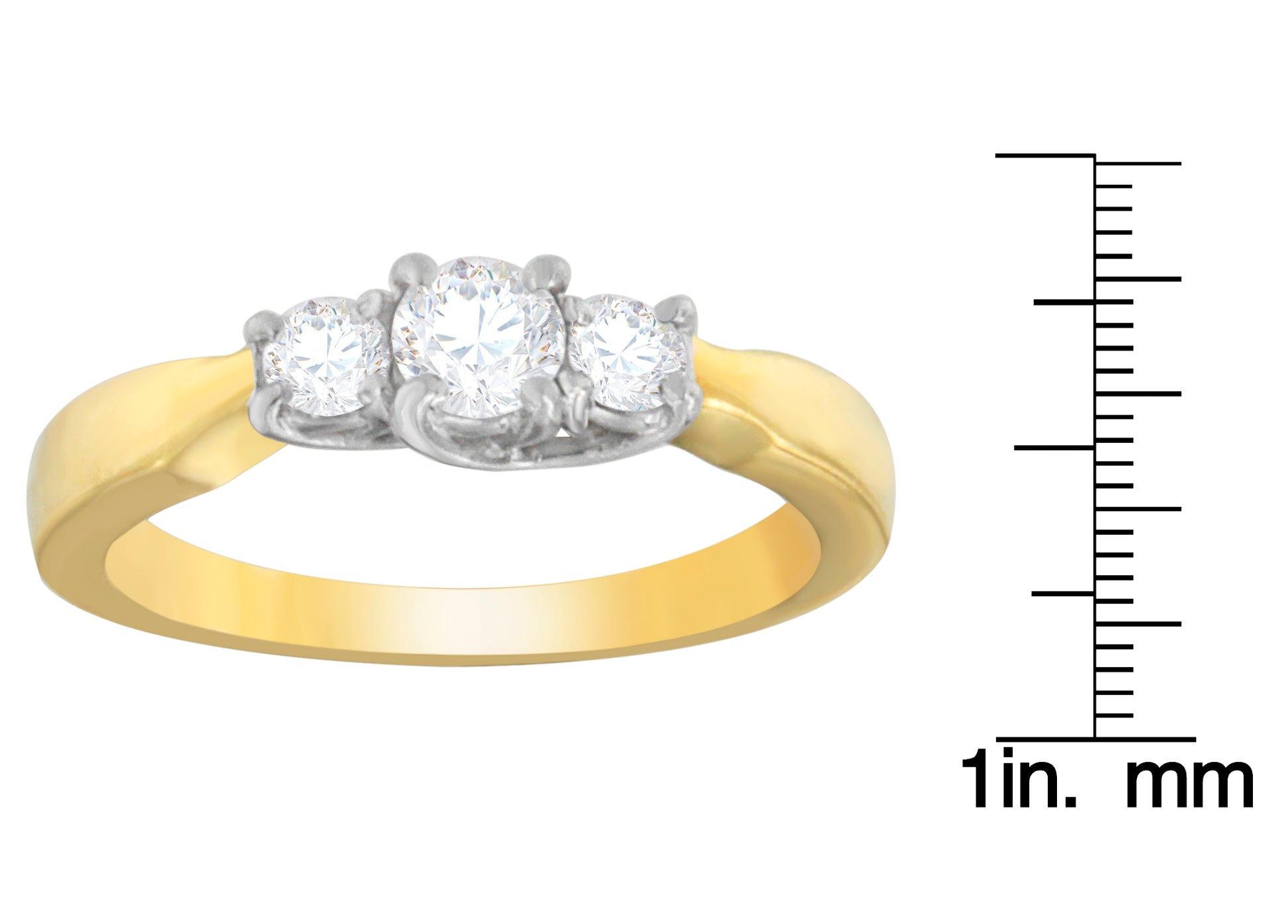 Front angle of a two-toned ring with three round white gemstones in prong settings, shown next to a ruler for size reference.