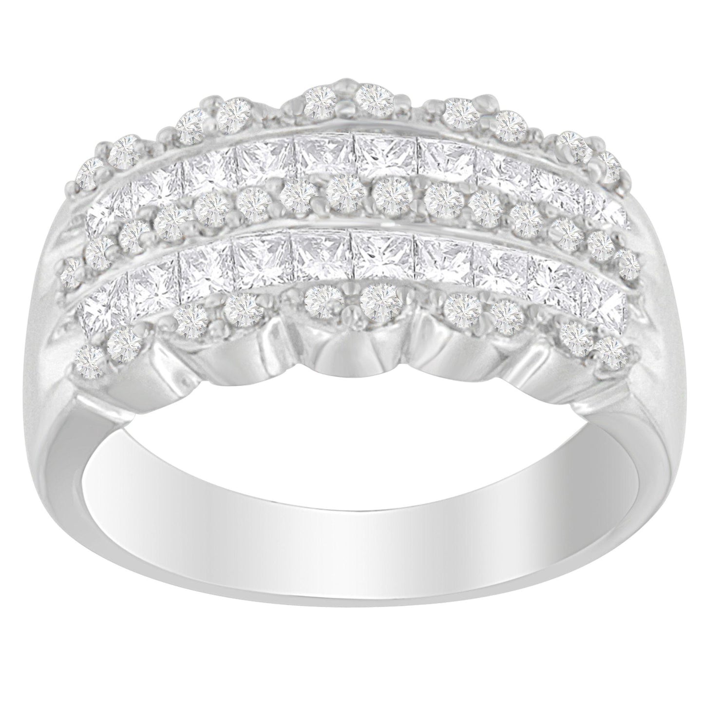 Front-facing close-up of a white metal ring featuring rows of round pave-set white gemstones above a row of princess shape invisible-set white gemstones.