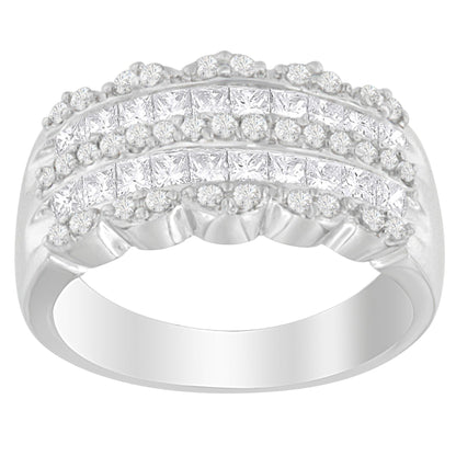 Front-facing close-up of a white metal ring featuring rows of round pave-set white gemstones above a row of princess shape invisible-set white gemstones.