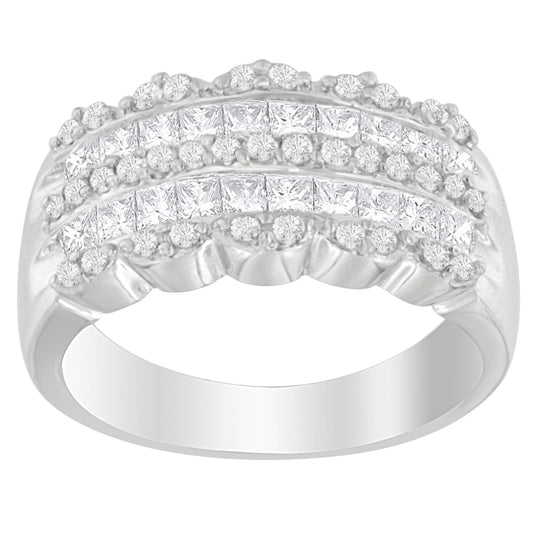 Front-facing close-up of a white metal ring featuring rows of round pave-set white gemstones above a row of princess shape invisible-set white gemstones.