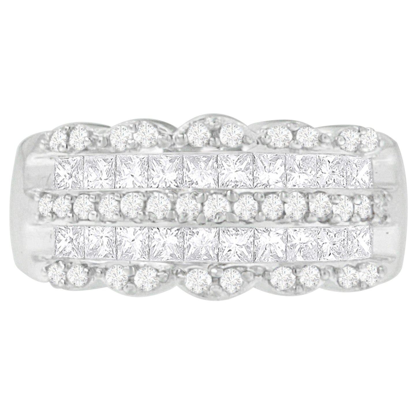 Top-down close-up of a white ring featuring rows of round white gemstones in pave settings and princess-shaped white gemstones in invisible settings.