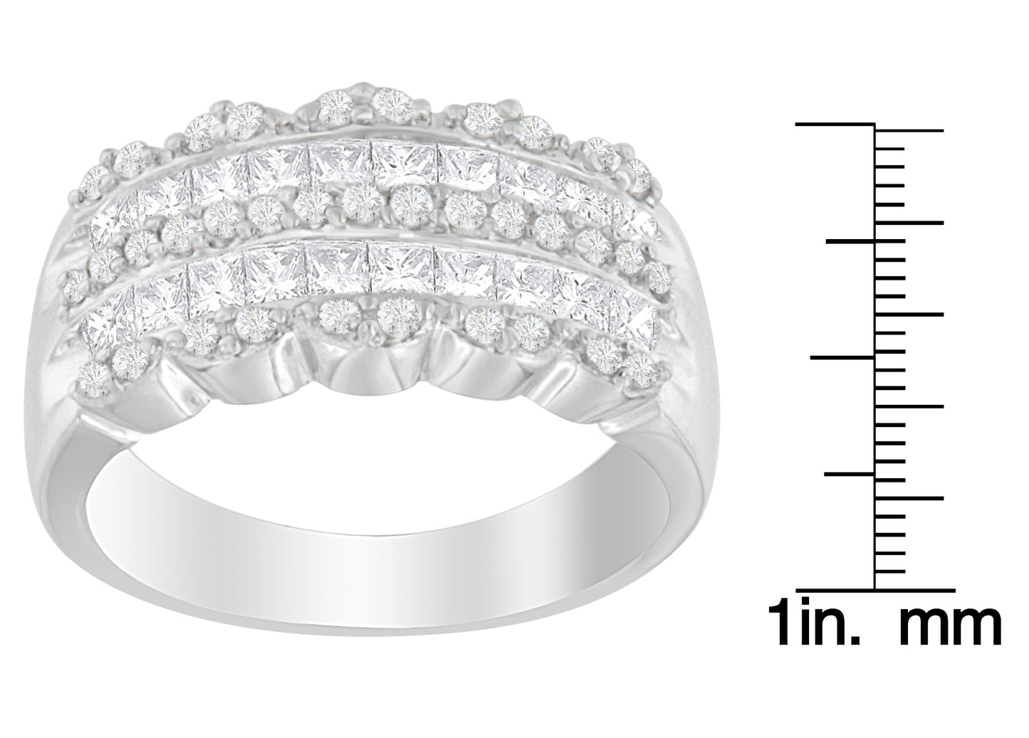 White metal ring with rows of round gemstones in pave setting and princess gemstones in invisible setting, front angle view, shown next to a ruler for size reference.