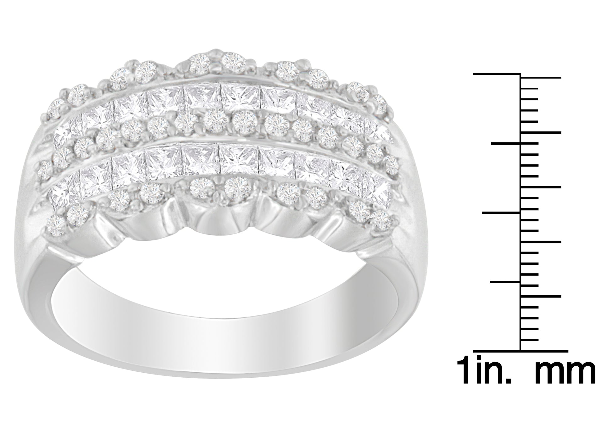 White metal ring with rows of round gemstones in pave setting and princess gemstones in invisible setting, front angle view, shown next to a ruler for size reference.