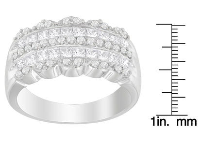 White metal ring with rows of round gemstones in pave setting and princess gemstones in invisible setting, front angle view, shown next to a ruler for size reference.