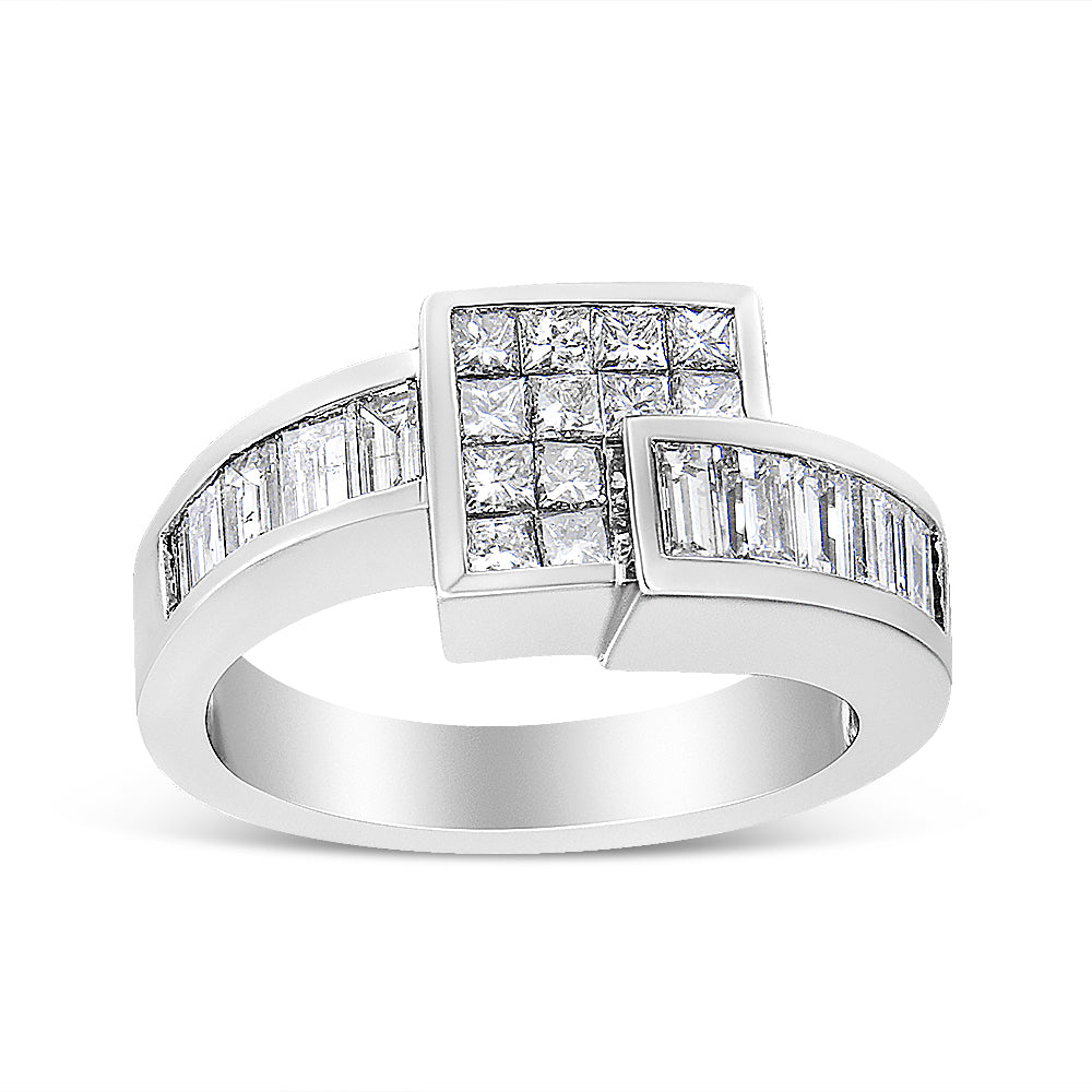 Front angled view of white metal ring featuring square cluster of princess-shaped white gemstones in invisible setting, flanked by rows of baguette-shaped white gemstones in channel setting on band.