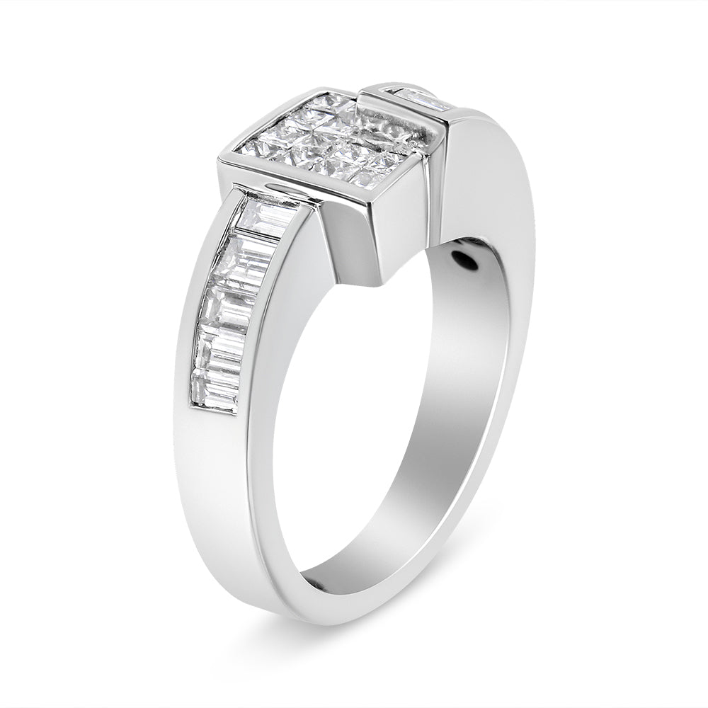 White metal ring shown at a slight angle featuring a square cluster of princess-shaped white gemstones with invisible setting on top and a row of baguette-shaped white gemstones in channel setting along the band.