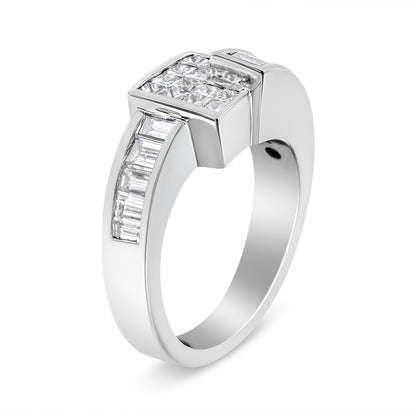 White metal ring shown at a slight angle featuring a square cluster of princess-shaped white gemstones with invisible setting on top and a row of baguette-shaped white gemstones in channel setting along the band.