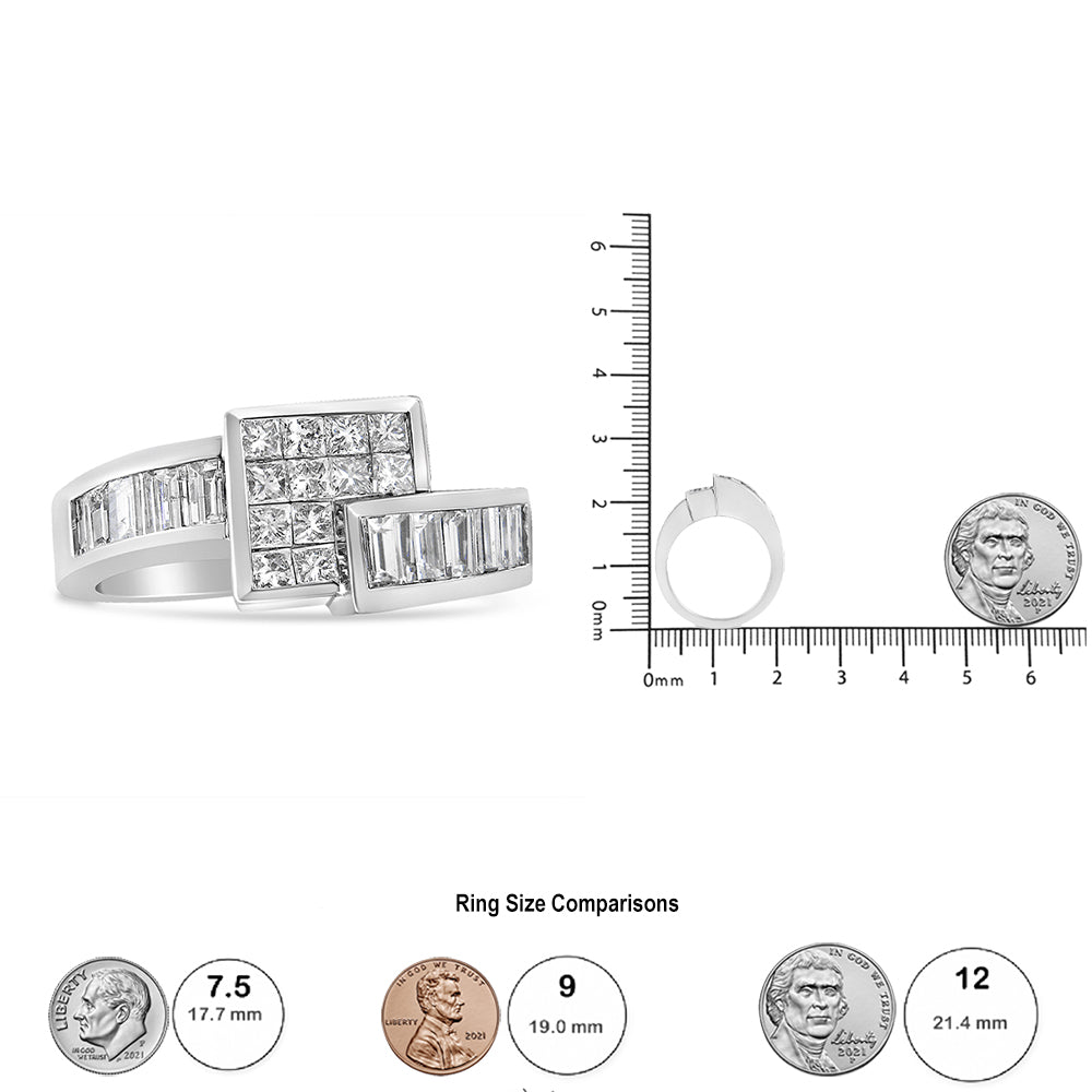 White metal ring with a square cluster of princess-shaped white gemstones in an invisible setting, flanked by two curved bands with channel-set baguette-shaped white gemstones, shown at a front angle next to a ruler and coin for size reference.