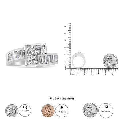 White metal ring with a square cluster of princess-shaped white gemstones in an invisible setting, flanked by two curved bands with channel-set baguette-shaped white gemstones, shown at a front angle next to a ruler and coin for size reference.