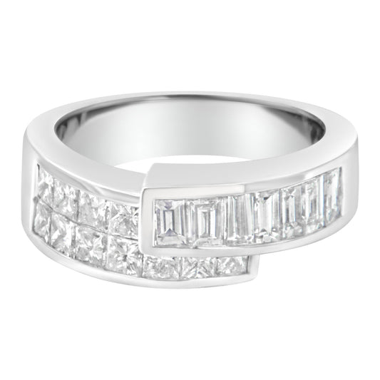 White metal ring with an open split shank design featuring baguette-shaped white gemstones in channel setting on one side and princess-shaped white gemstones in invisible setting on the other, shown in a front angle close-up.