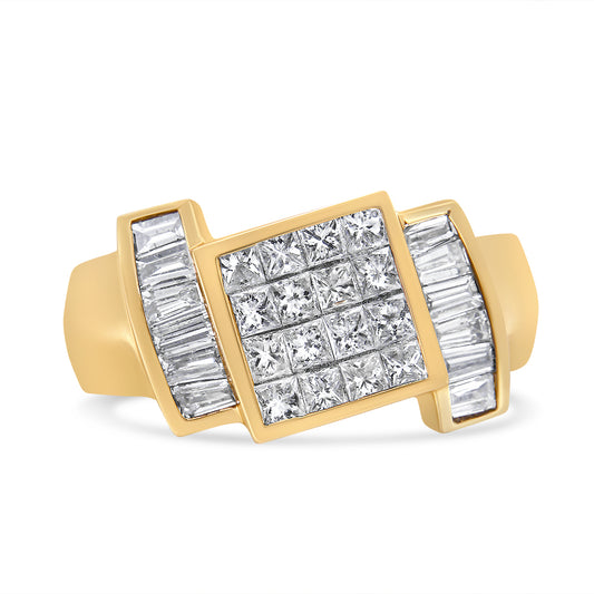 14K Yellow Gold 1 5/8 Cttw Invisible-Set Princess and Baguette Diamond Cocktail Band Ring