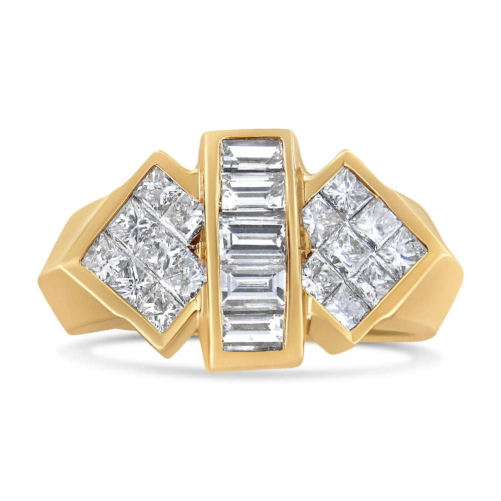 Front view of a yellow metal ring featuring a central vertical row of baguette-shaped white gemstones in channel setting, flanked on each side by diamond-shaped clusters of princess-shaped white gemstones in invisible setting.
