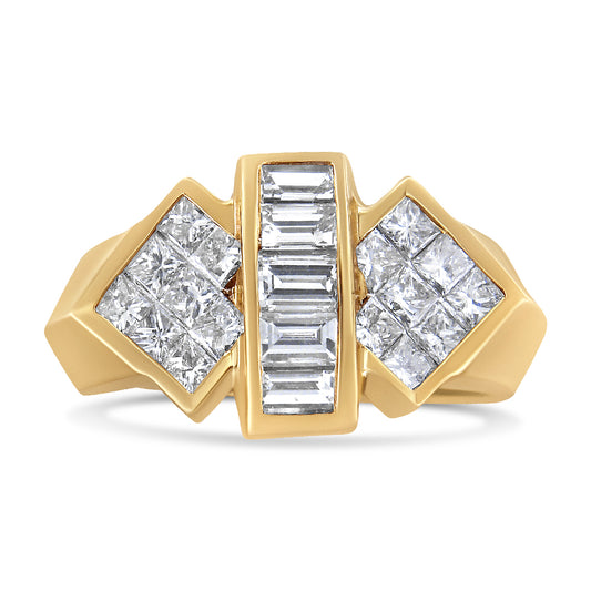 Front view of a yellow metal ring featuring a central vertical row of baguette-shaped white gemstones in channel setting, flanked on each side by diamond-shaped clusters of princess-shaped white gemstones in invisible setting.