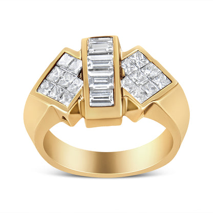 Front view of a yellow metal ring featuring five white baguette-shaped gemstones set vertically in a channel setting at the center, flanked by groups of white princess-shaped gemstones in an invisible setting on each side.