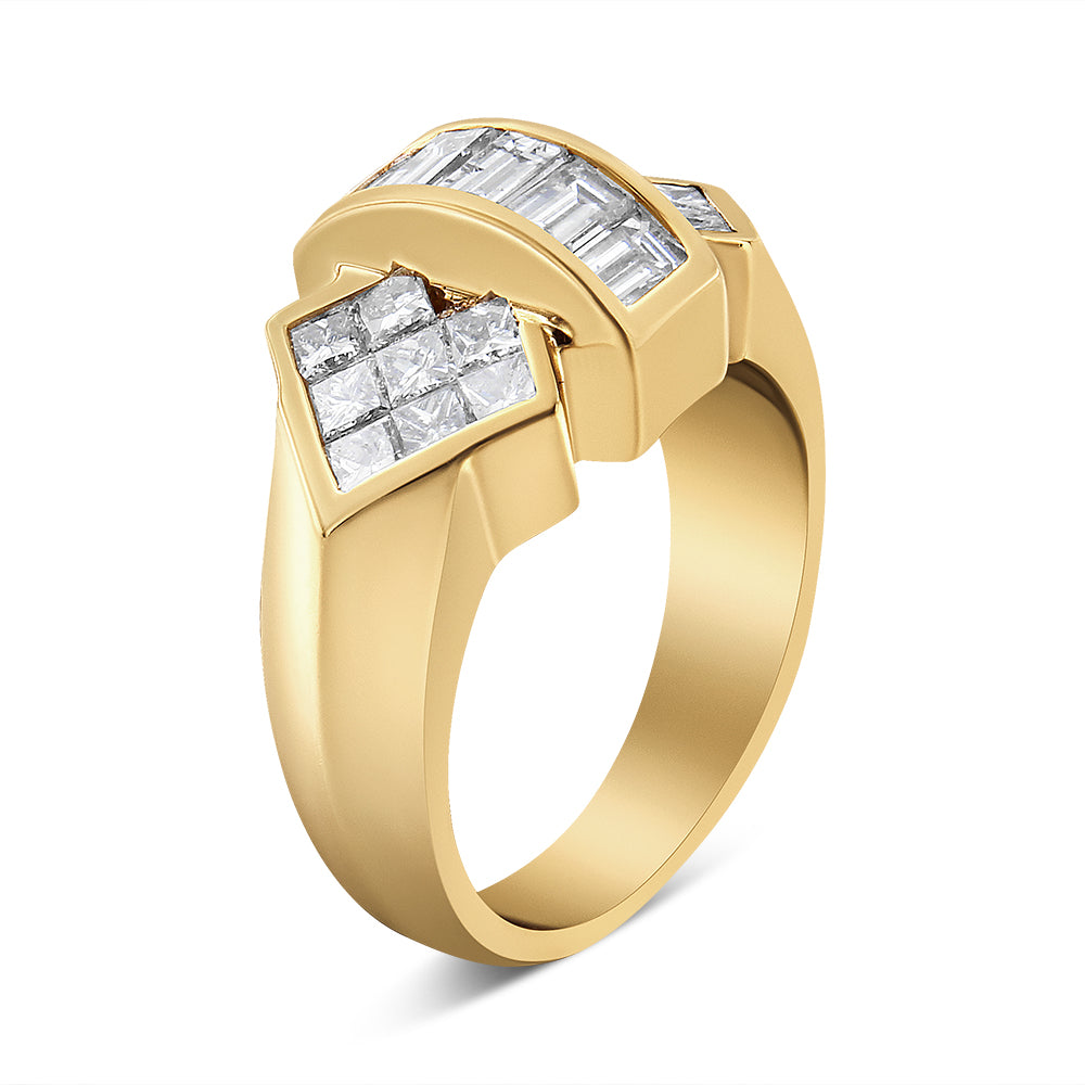 Yellow metal ring with white gemstones in baguette shape set in channel setting and princess shape set invisibly, shown in a close-up angled view.