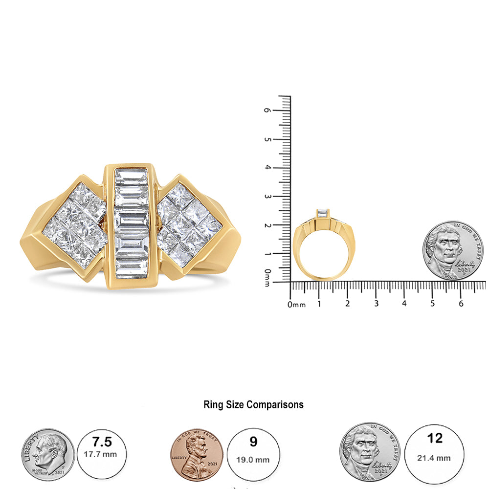 Yellow metal ring shown on a scale with front and side views, featuring a center channel-set vertical row of baguette-shaped white gemstones flanked by two clusters of princess-shaped white gemstones in an invisible setting.