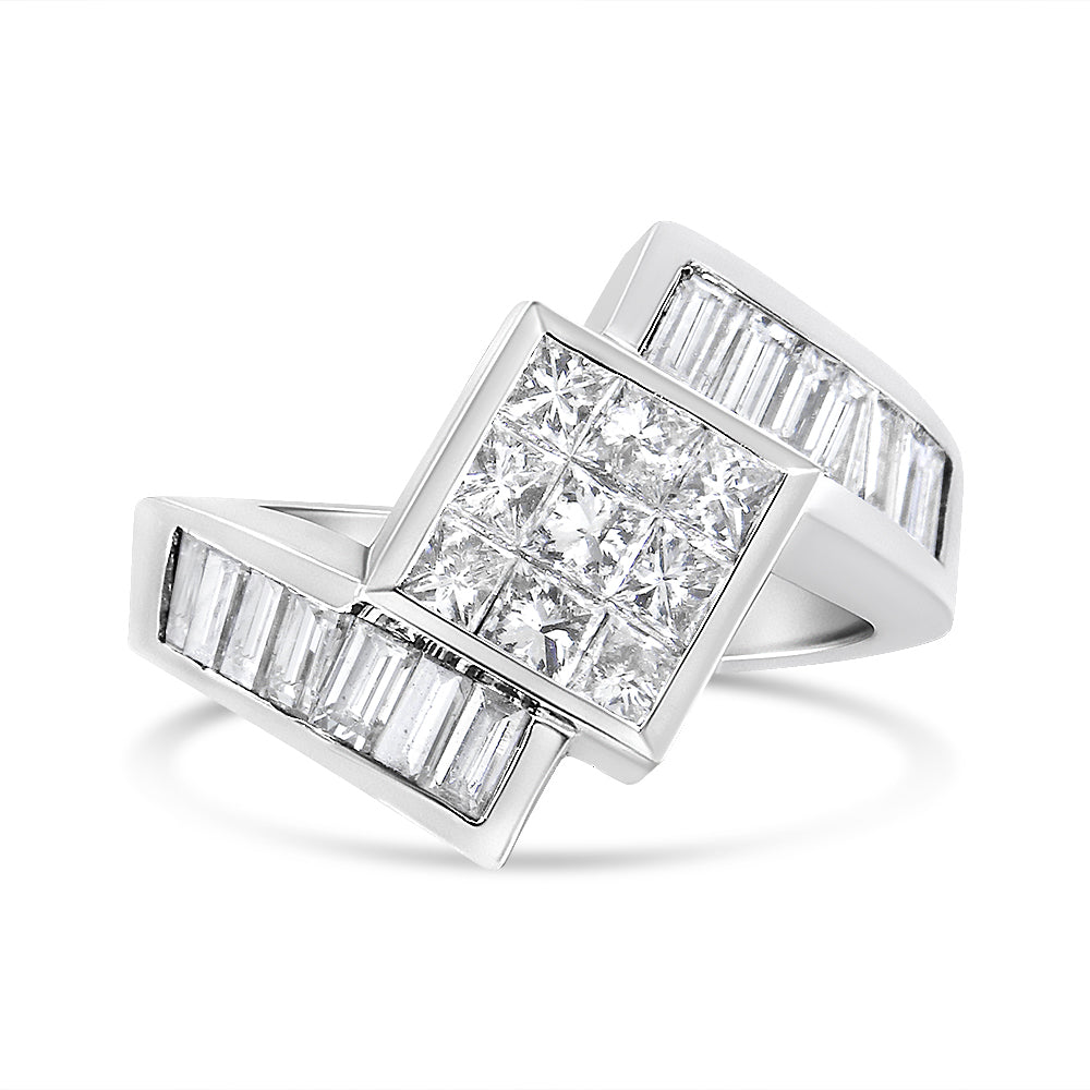 Close-up front angle of a white metal ring featuring a central square cluster of white princess-shaped gemstones with invisible setting, flanked by two bands of white baguette-shaped gemstones in channel settings.