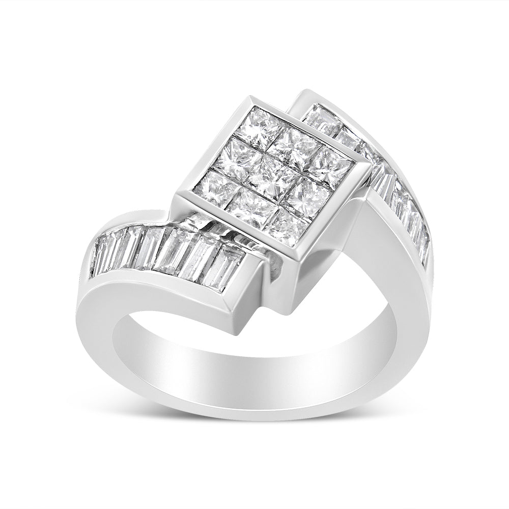 White metal ring with a top view showing a square cluster of princess-shaped white gemstones in an invisible setting, bordered on each side by rows of channel-set baguette-shaped white gemstones.