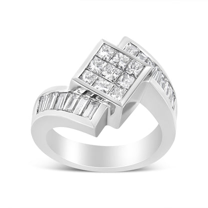 White metal ring with a top view showing a square cluster of princess-shaped white gemstones in an invisible setting, bordered on each side by rows of channel-set baguette-shaped white gemstones.