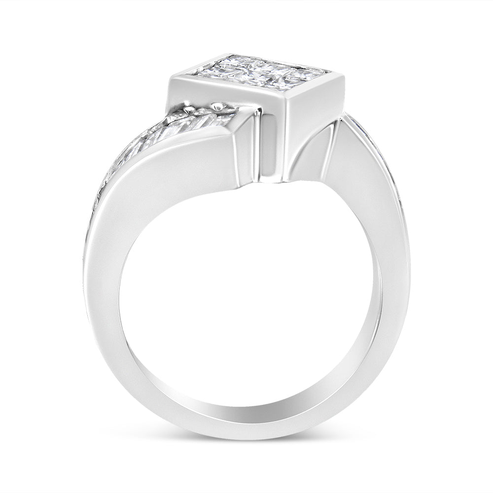 White metal ring with a top square cluster of white princess-shape gemstones in an invisible setting, flanked by baguette-shape gemstones in a channel setting along the shoulders, side view angle.