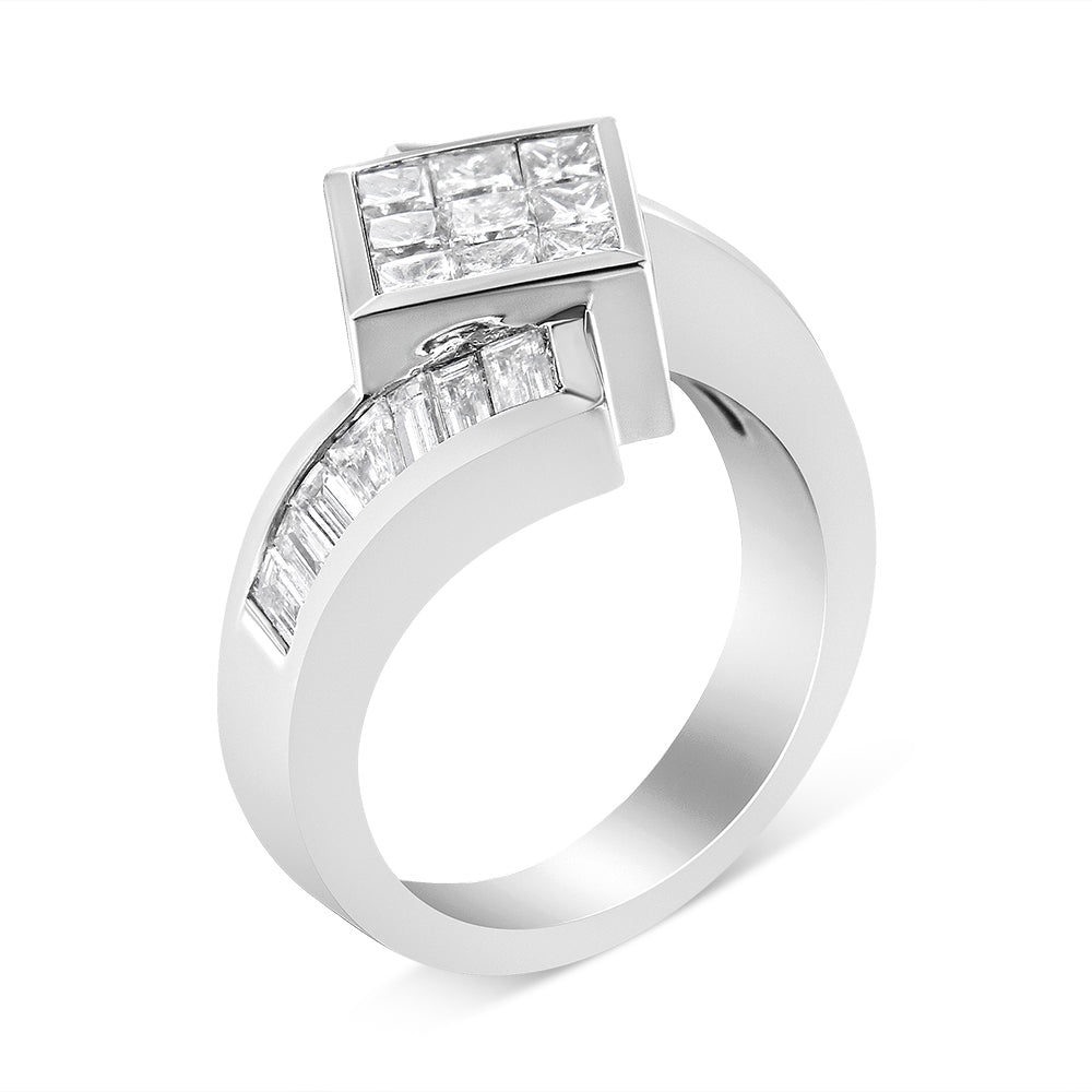 White metal ring shown in a front angled view featuring a square cluster of princess-shaped white gemstones in an invisible setting on top, with two rows of baguette-shaped white gemstones in channel settings along the band.