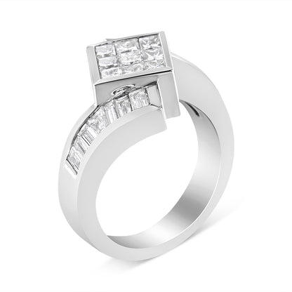 White metal ring shown in a front angled view featuring a square cluster of princess-shaped white gemstones in an invisible setting on top, with two rows of baguette-shaped white gemstones in channel settings along the band.